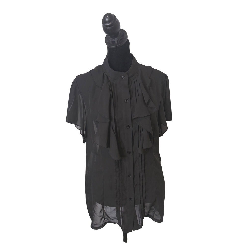 Norma Kamali Whimsigoth Ruffle Chiffon Sheer Top Pintuck High Neck‎ Womens L